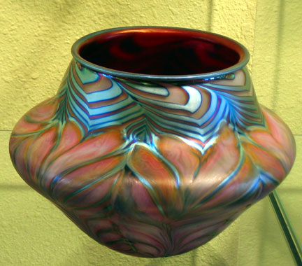 Daniel Lotton - Daniel Lotton Blown Glass  Pink Pulled Feather Red Interior Vase.jpg